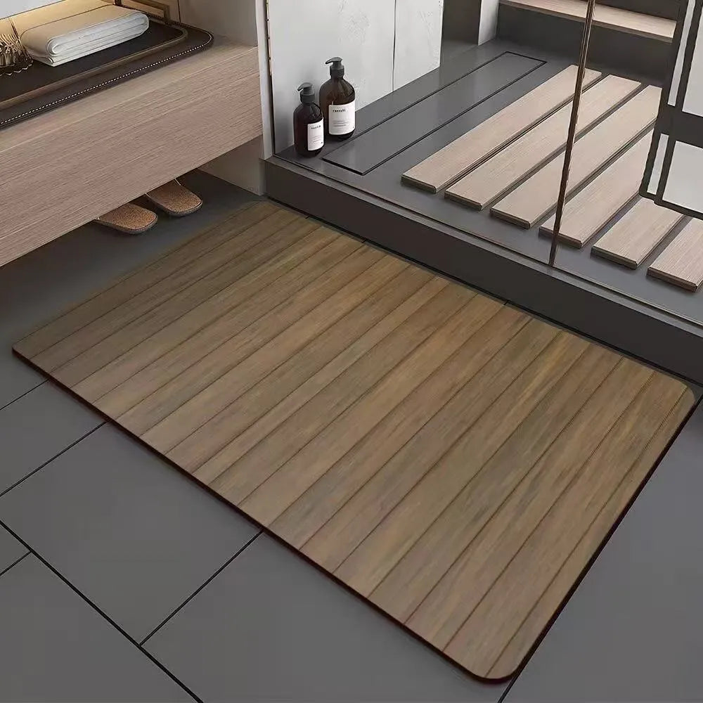 Square diatomite bathroom floor mat with wood grain pattern on bathroom tiles