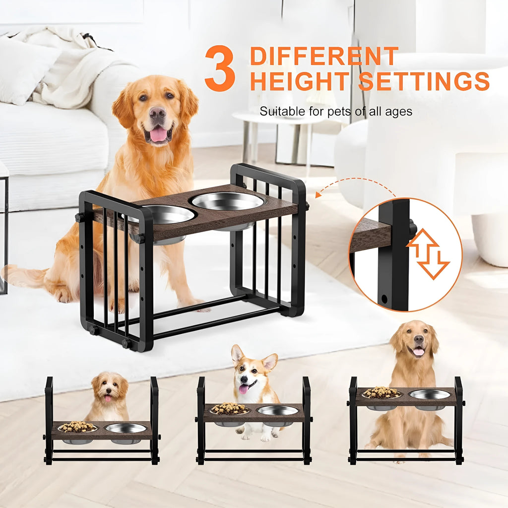 Black wooden dog bowl stand measuring 37 by 23 centimetres with non-slip base