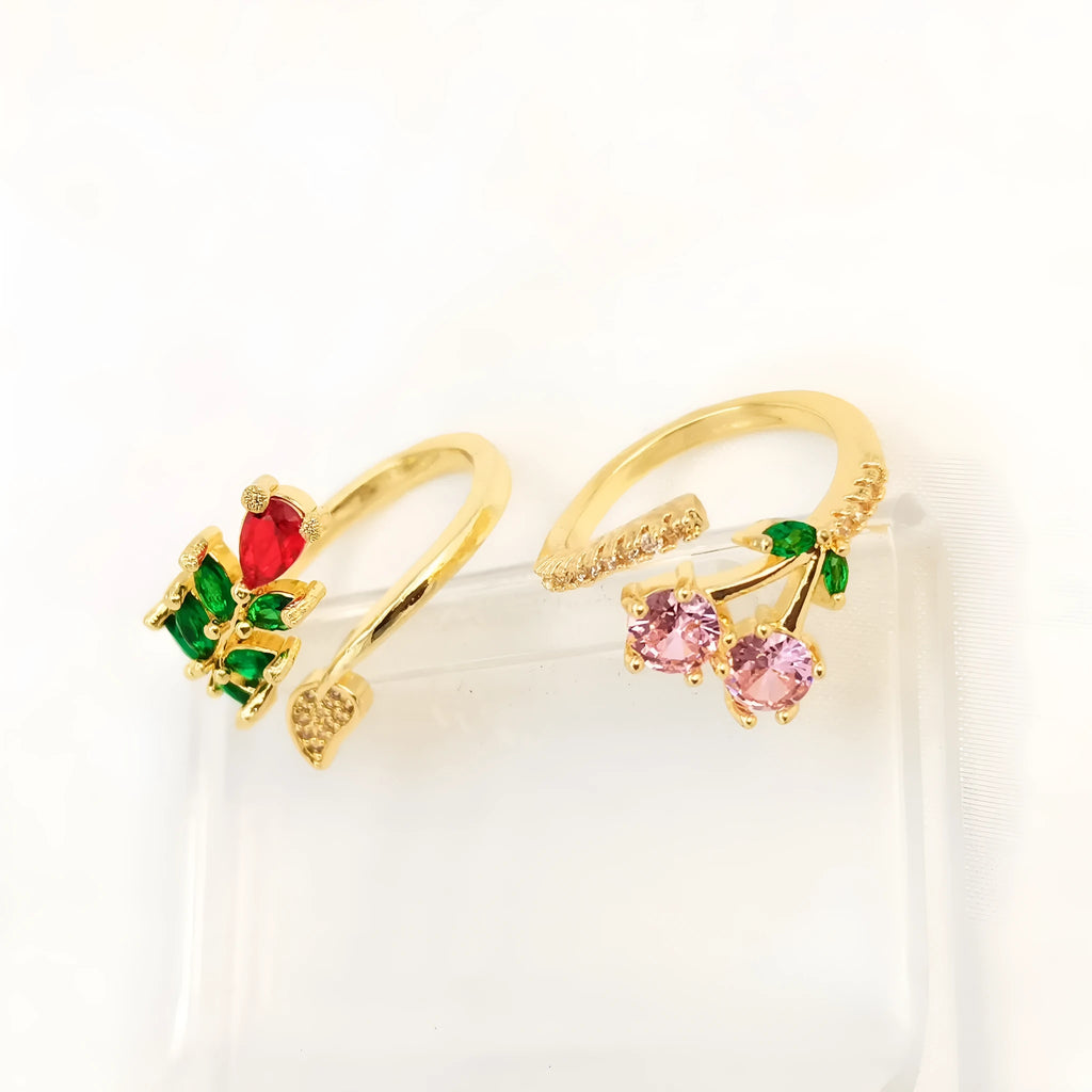 Women's copper geometric open ring with micro-inlaid leaf design or pink detail, gold plated finish
