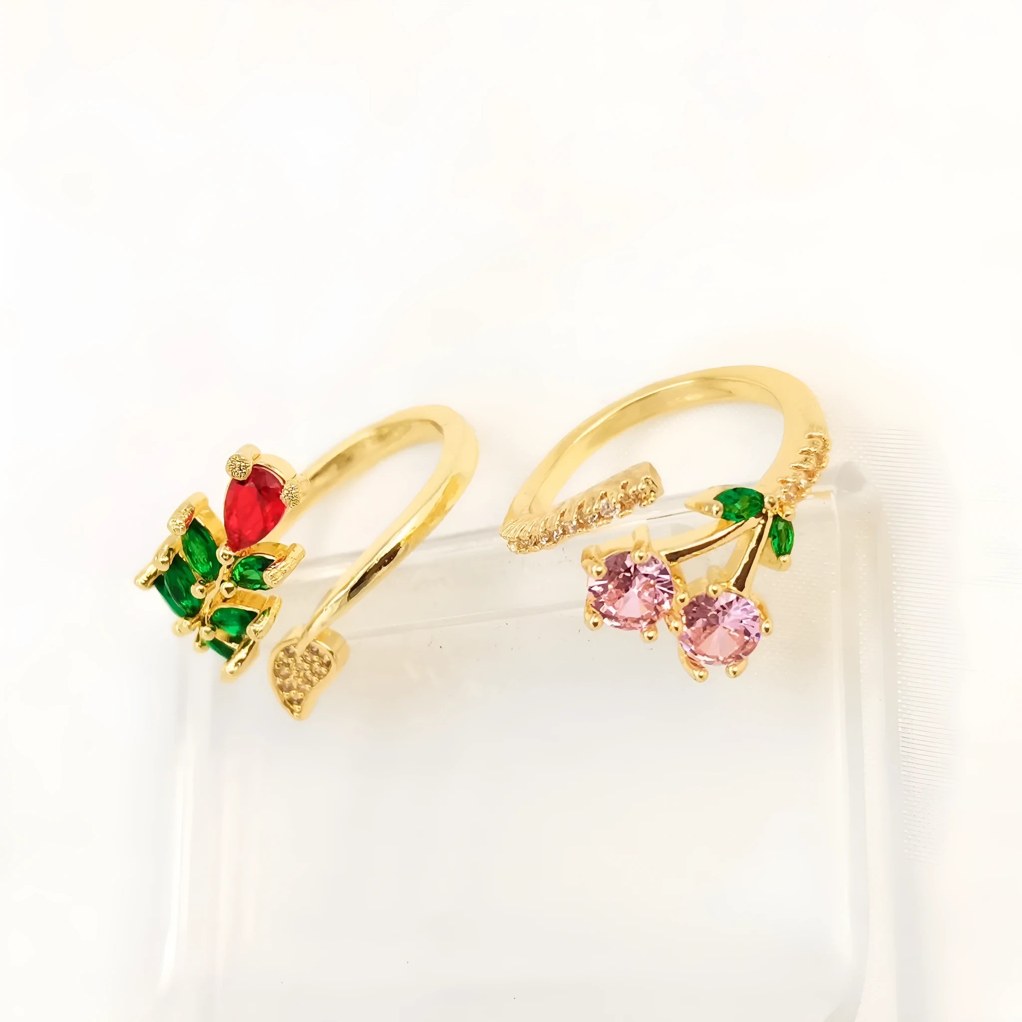 Women's copper geometric open ring with micro-inlaid leaf design or pink detail, gold plated finish