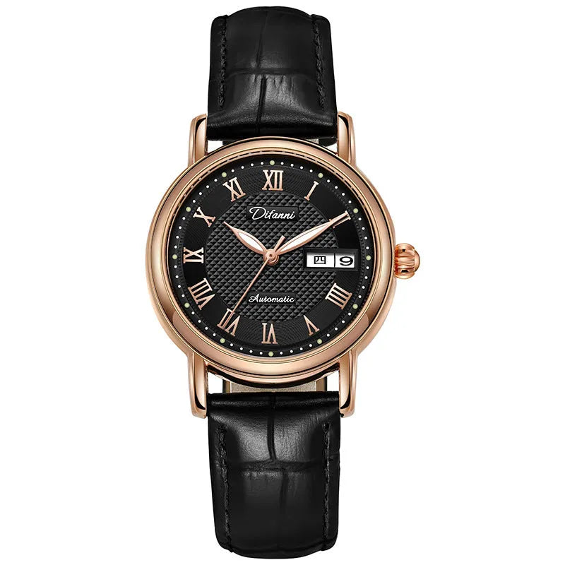 Women's automatic mechanical watch with stainless steel or leather strap, 12mm case, multiple colour options
