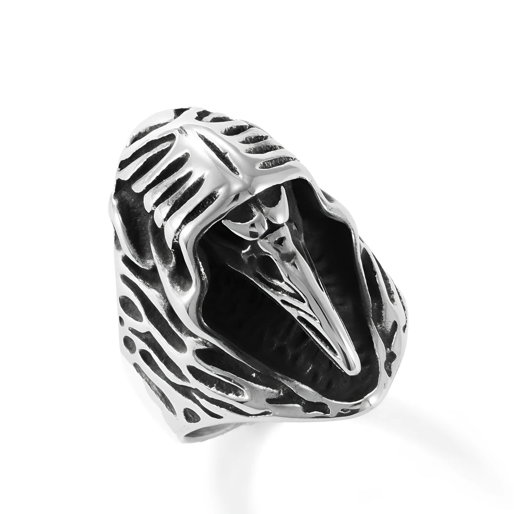 Geometric crow design punk ring in titanium steel, MR166 colour, showing retro animal motif