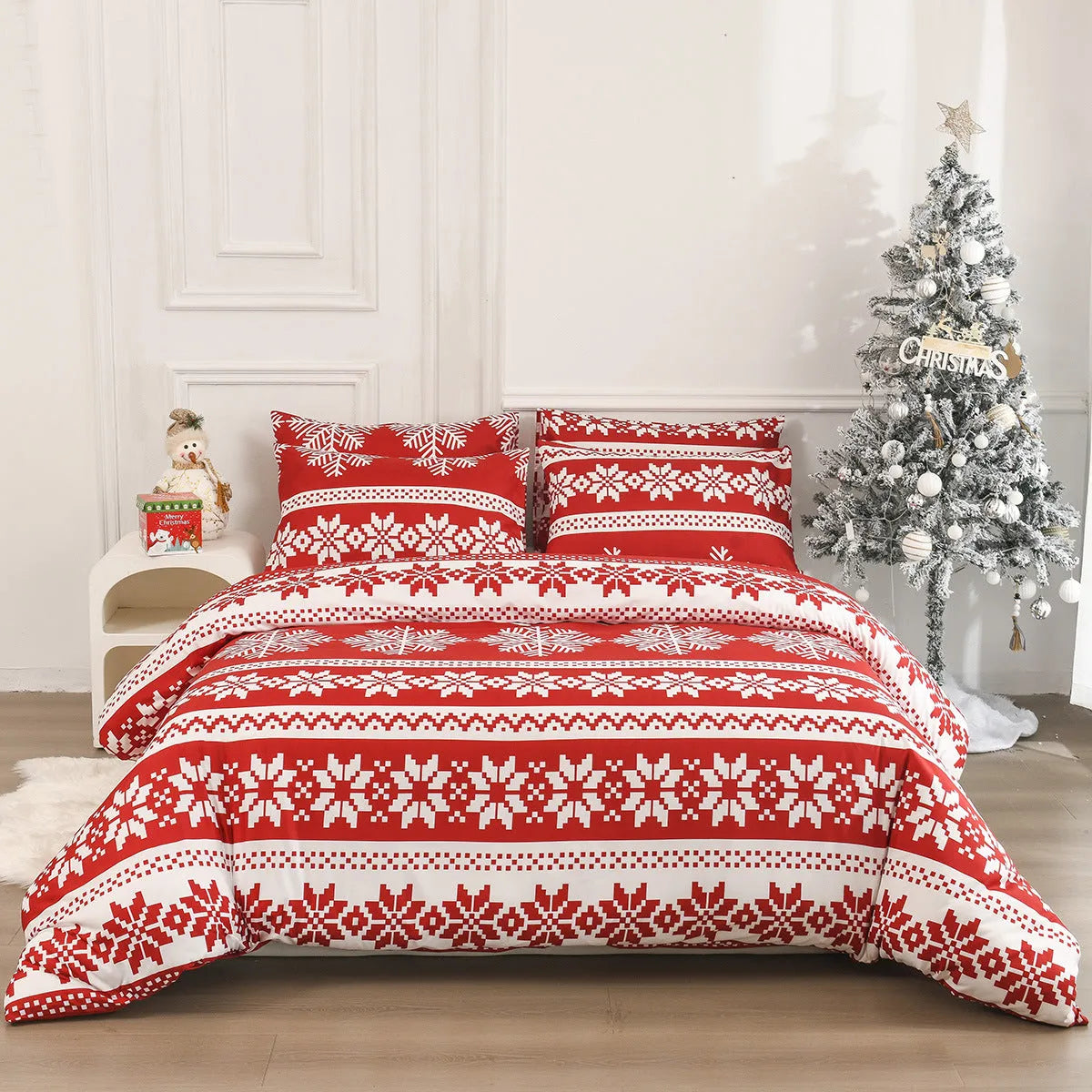 Red Winter Sleepers bed three-piece set with Christmas Love Song pattern showing quilt cover and pillowcases