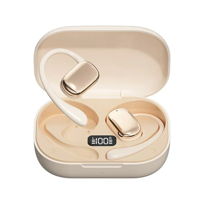 Ear-mounted wireless headphones with digital display screen in black, skin colour, or white colour options