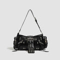 Black dumpling-shaped retro handbag with oil wax PU leather and organised interior compartments