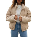 Women's apricot corduroy wadded jacket with stand collar and front zip closure