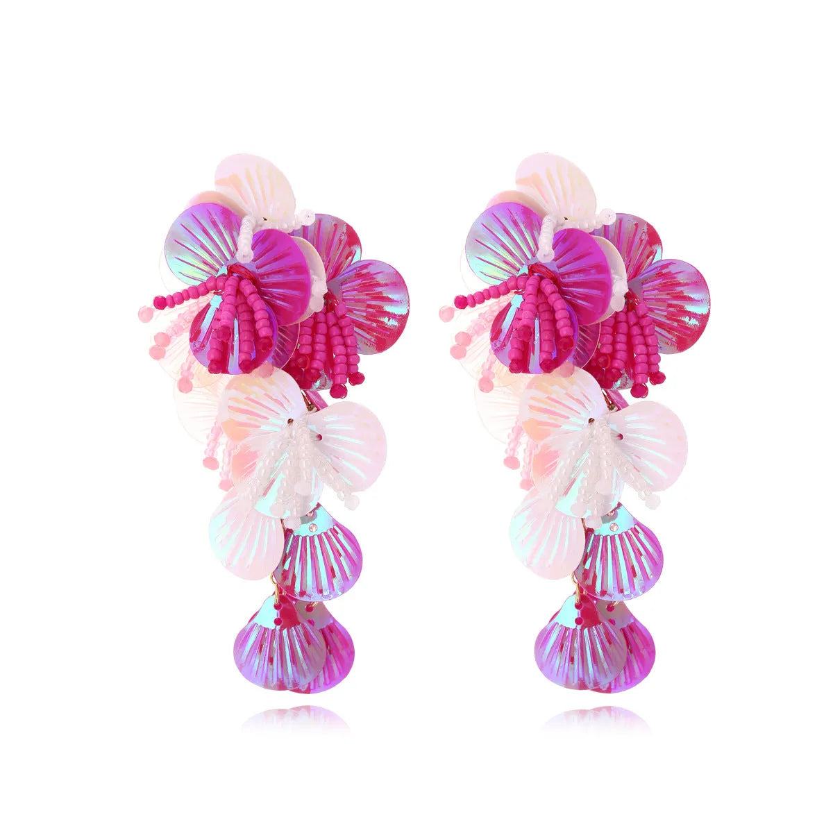 Handmade colourful string bead flower and leaf earrings in European and American exaggerated style.