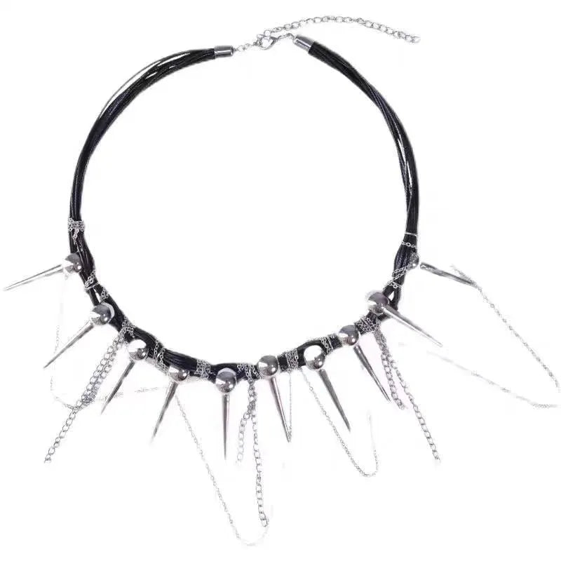Women's casual leather necklace with winding round beads, tassel pendant, and silver rivet details