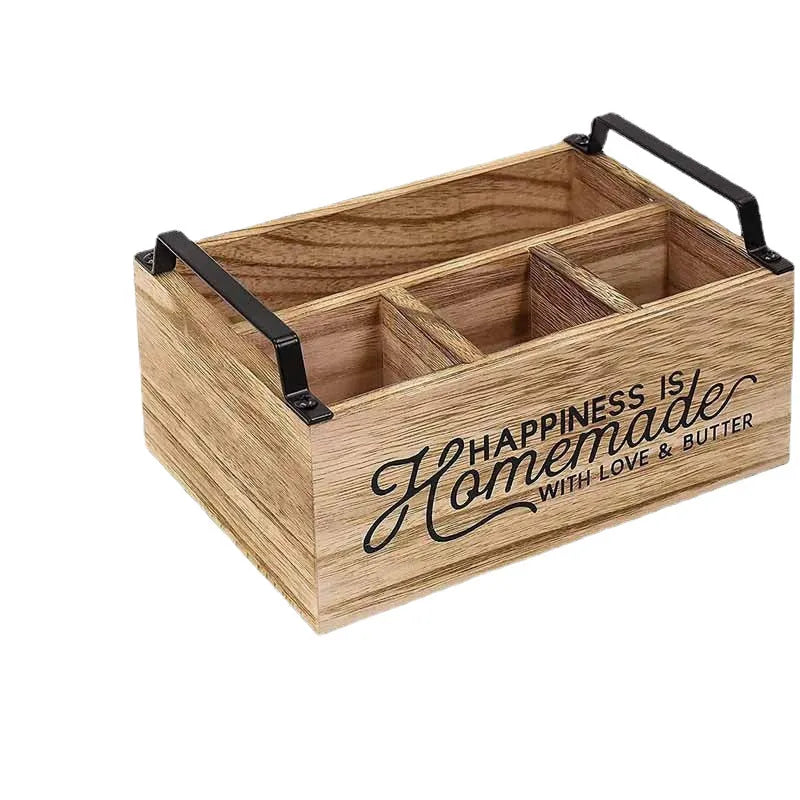 Large modern wooden kitchen storage box with internal grid dividers for organising cutlery.