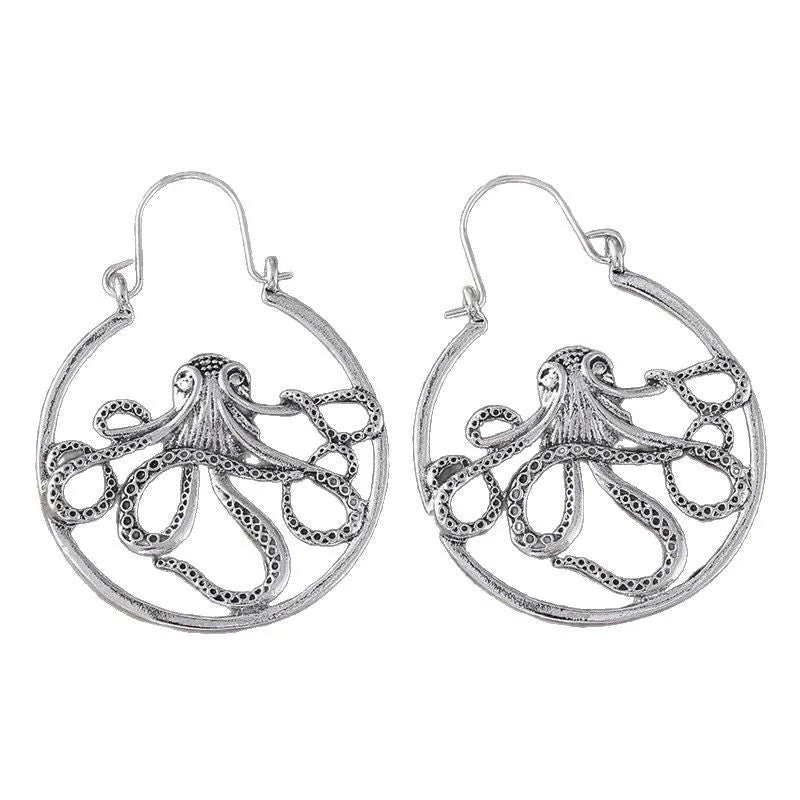 Octopus design earrings in antique silver finish with retro styling and zinc alloy construction