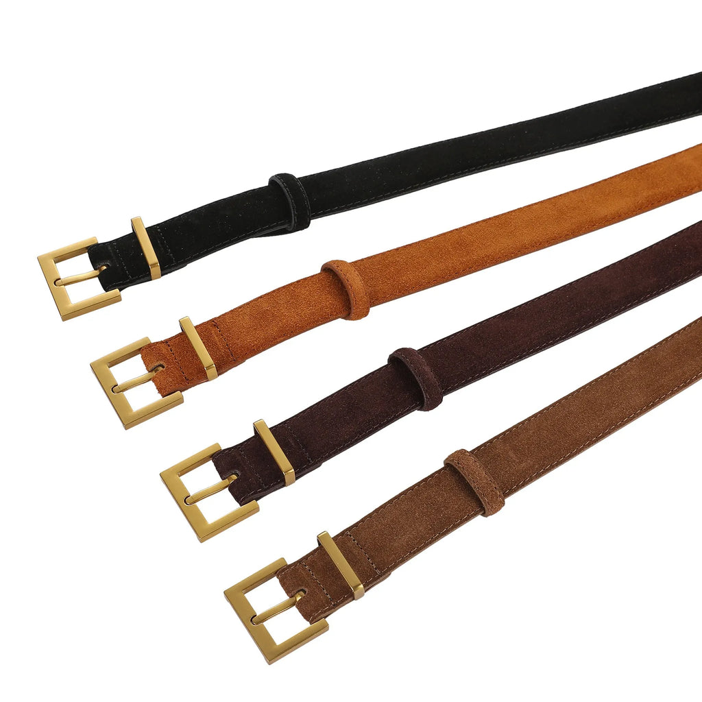 Ladies black genuine leather belt with a silver quadrilateral pin buckle on a white background.