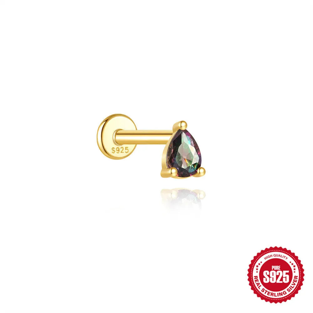 S925 sterling silver flat head thread ear stud with super shiny rainbow stone finish in a gold colour.