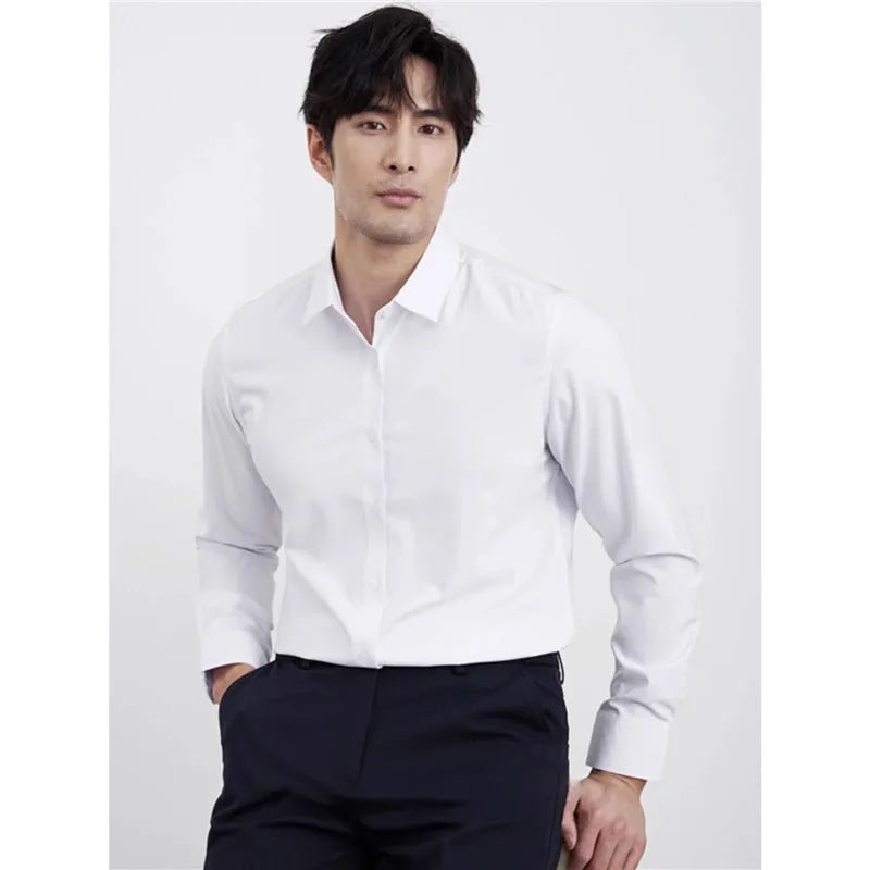 Men's wine red slim fit long sleeve business shirt with non-iron fabric on a hanger