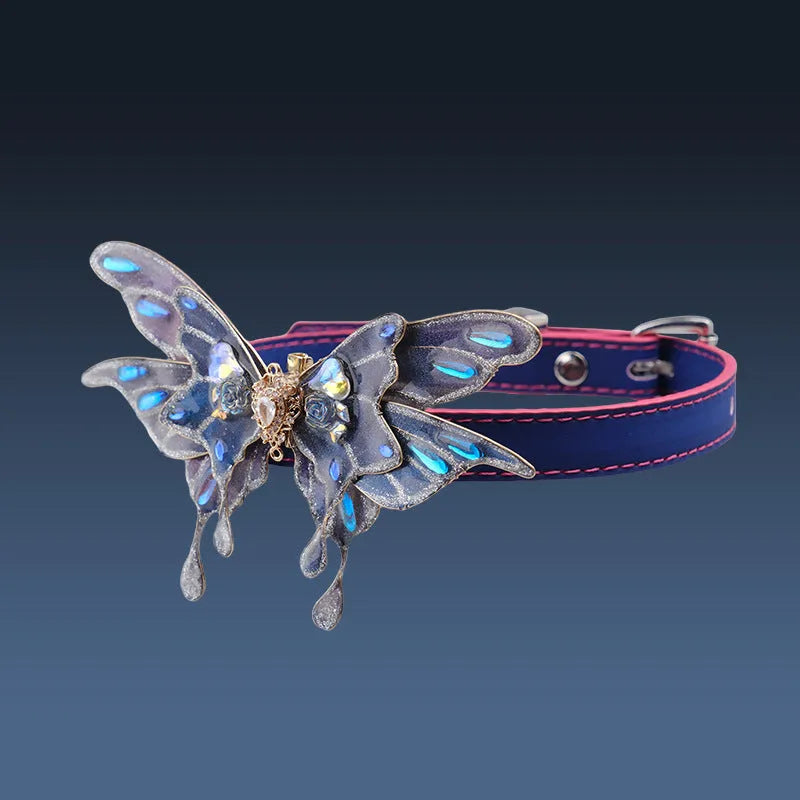 Purple butterfly collar necklace with temperature-change colour and rhinestone decoration on alloy chain