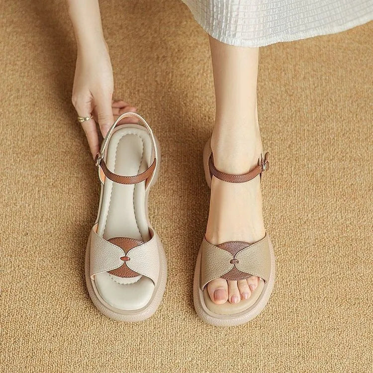 Women's chunky heel platform sandals with open toe design in khaki colour