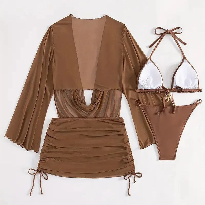 Women's dark brown lace-up bikini swimsuit with backless design and briefs-style bottom