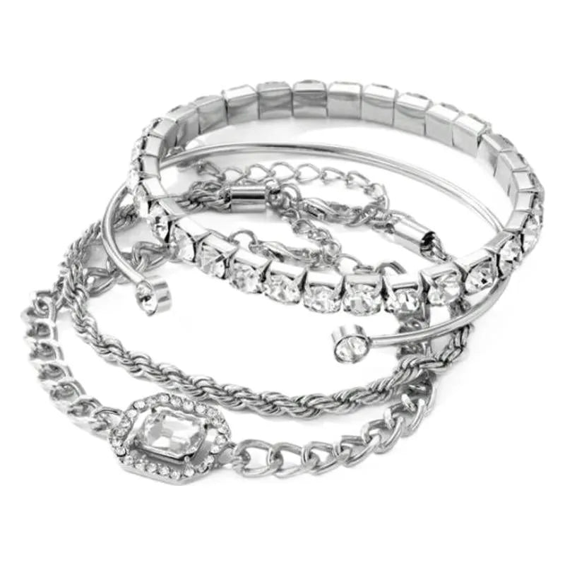 Retro geometric alloy jewellery four-piece set with square diamond design in gold and silver tone options
