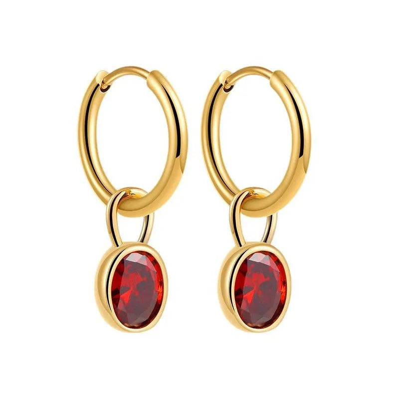 Women's retro oval zircon earrings in six colours including army green and emerald on copper settings