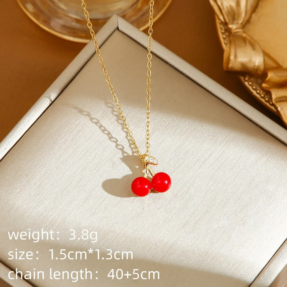 Titanium steel women's necklace with strawberry, cherry and pepper charm pendants on O-ring chain