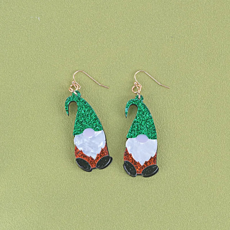 Santa Claus cartoon character acrylic fashion earrings showing red, green, and red/green hat colour options