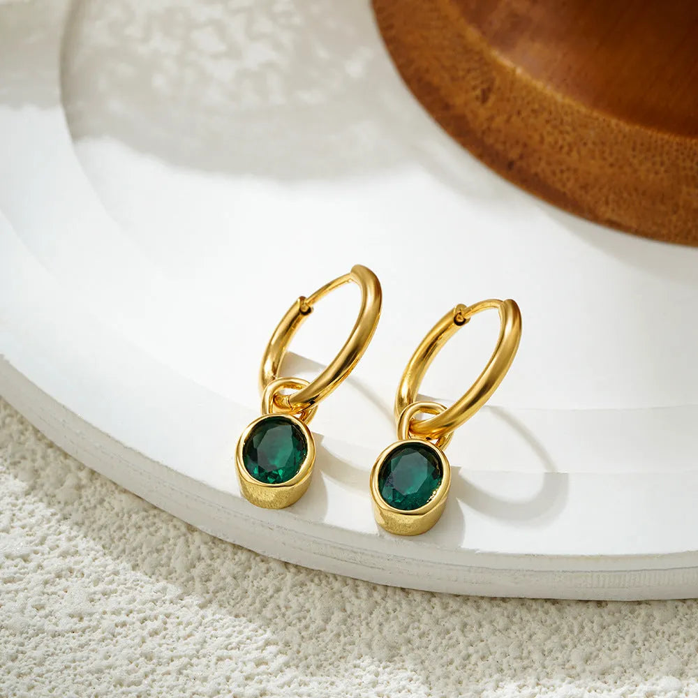 Women's retro oval zircon earrings in six colours including army green and emerald on copper settings