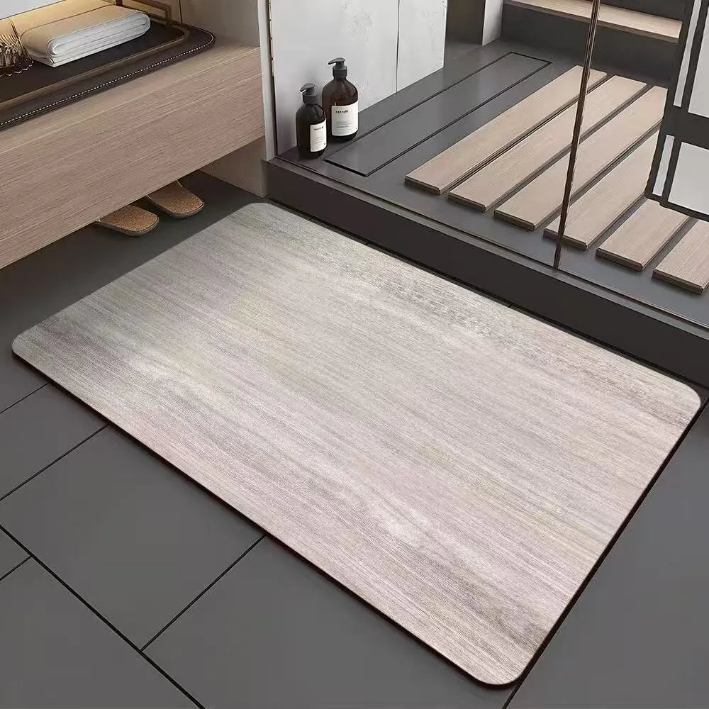 Square diatomite bathroom floor mat with wood grain pattern on bathroom tiles