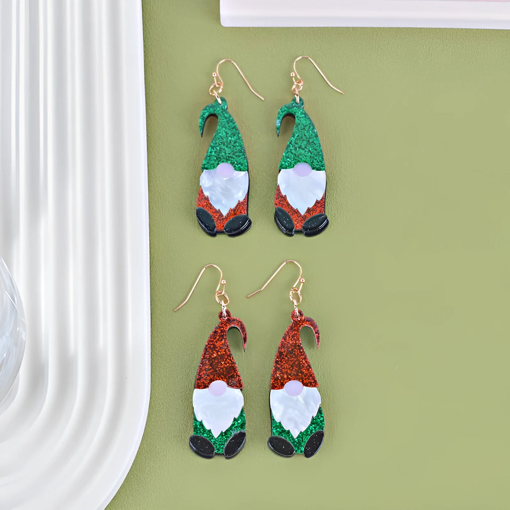 Santa Claus cartoon character acrylic fashion earrings showing red, green, and red/green hat colour options
