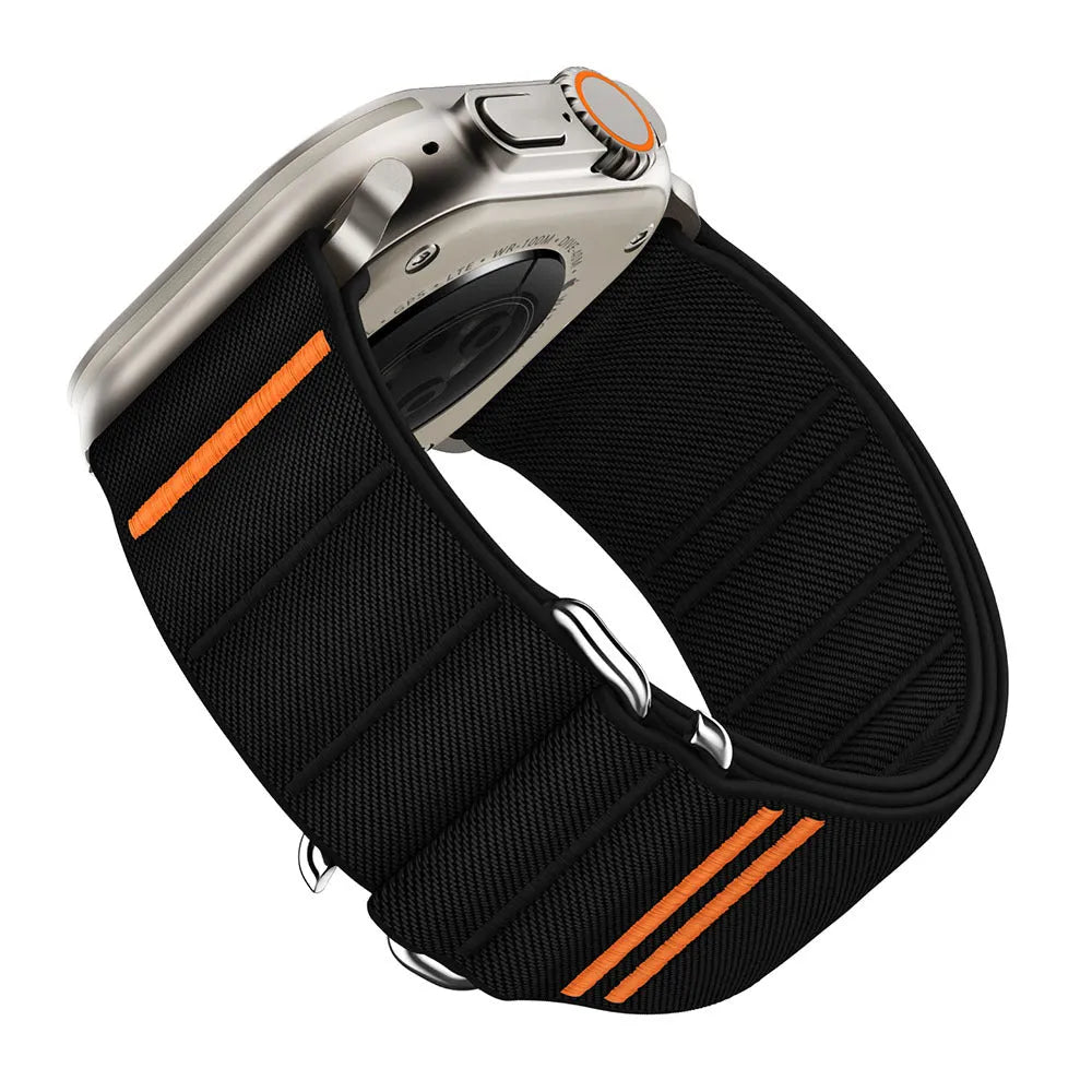 Elastic nylon Apple Watch compatible band with stainless steel buckle shown in multiple colour options