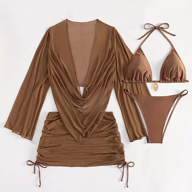 Women's dark brown lace-up bikini swimsuit with backless design and briefs-style bottom