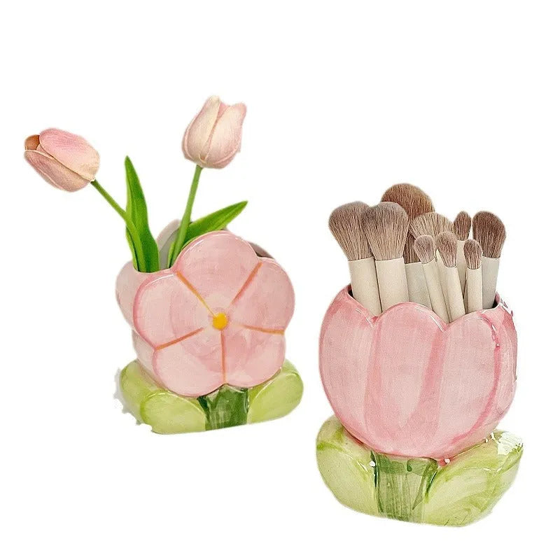 Ceramic desktop pen holder with floral pattern storage box for desk organisation