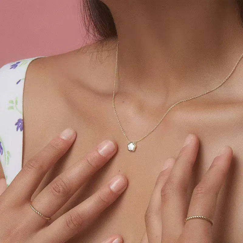 White mother shell flower necklace with floral pendant on silver or gold plated chain