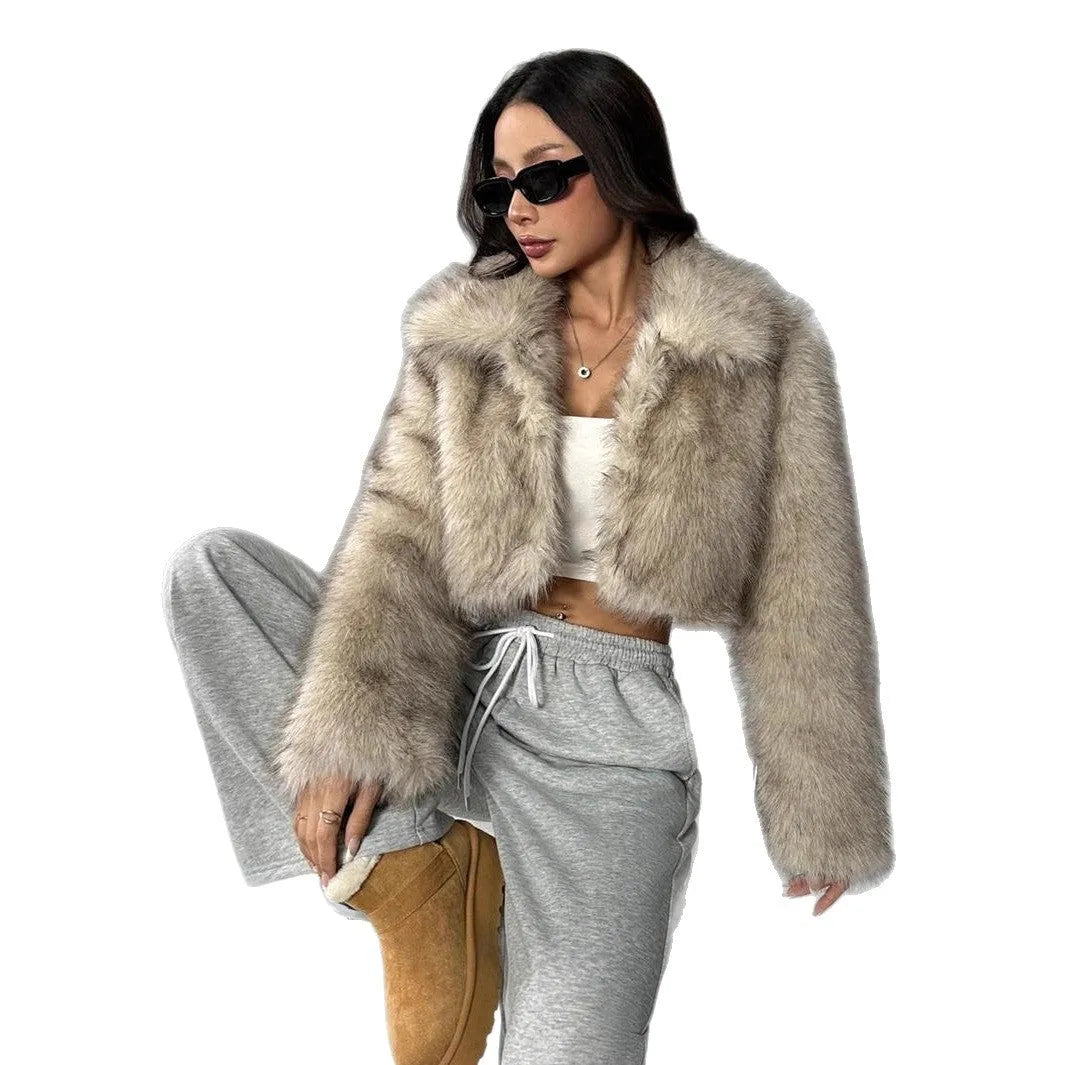 Women's artificial fur coat with fur collar in various colour options including black tip patterns