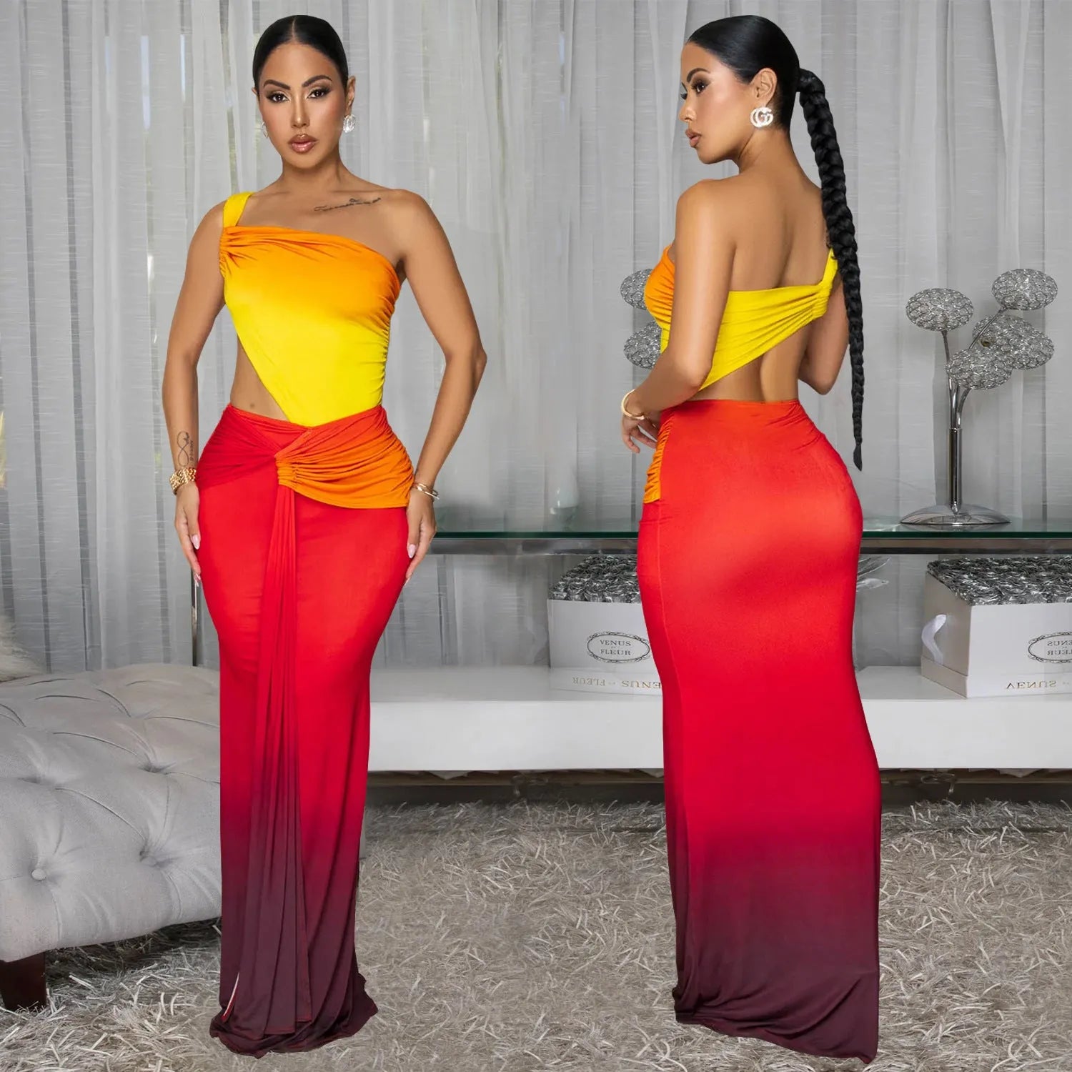 Oblique shoulder women's summer dress in a gradient colour with a high waist and long maxi skirt.