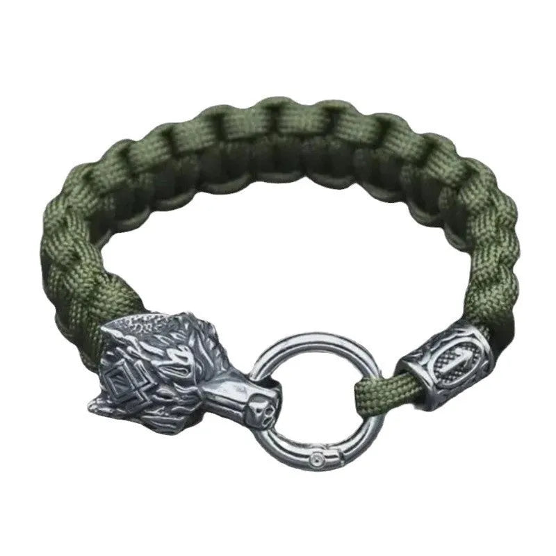 Handmade stainless steel wolf head bracelet with Luen character detailing in camouflage colour