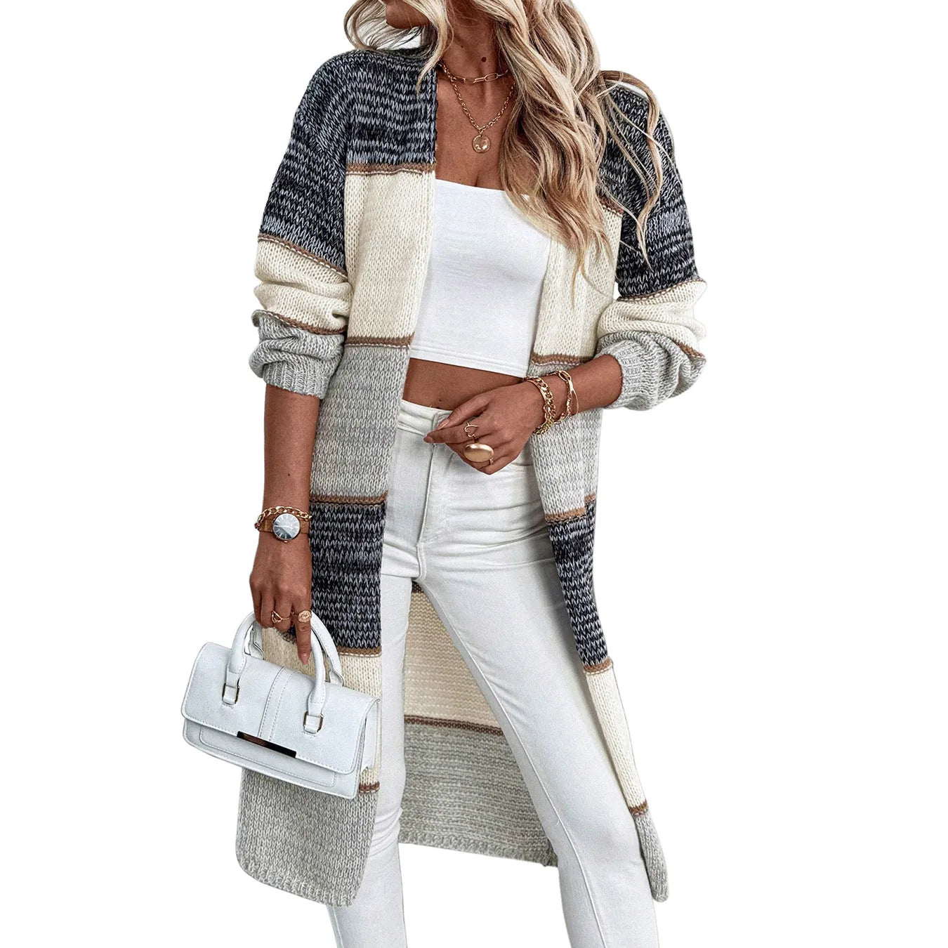 Grey women's knitted cardigan with loose fit and long sleeves
