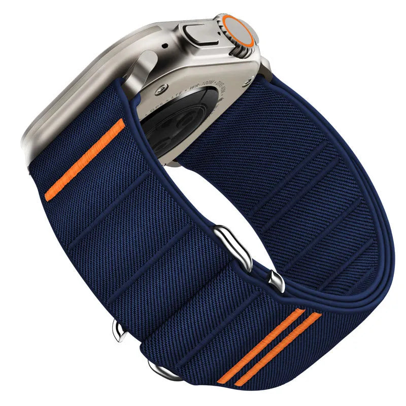 Elastic nylon Apple Watch compatible band with stainless steel buckle shown in multiple colour options