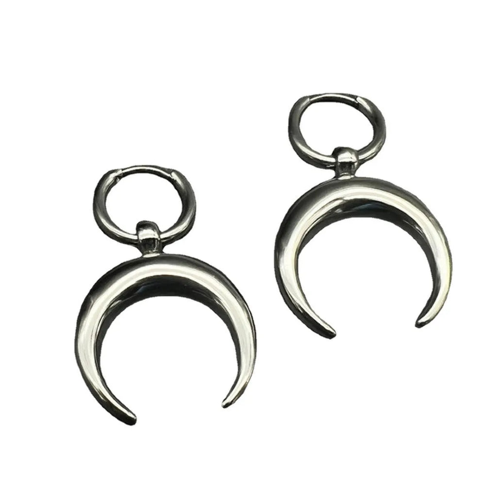 Silver geometric hoop earrings with moon design showing Gothic vintage style