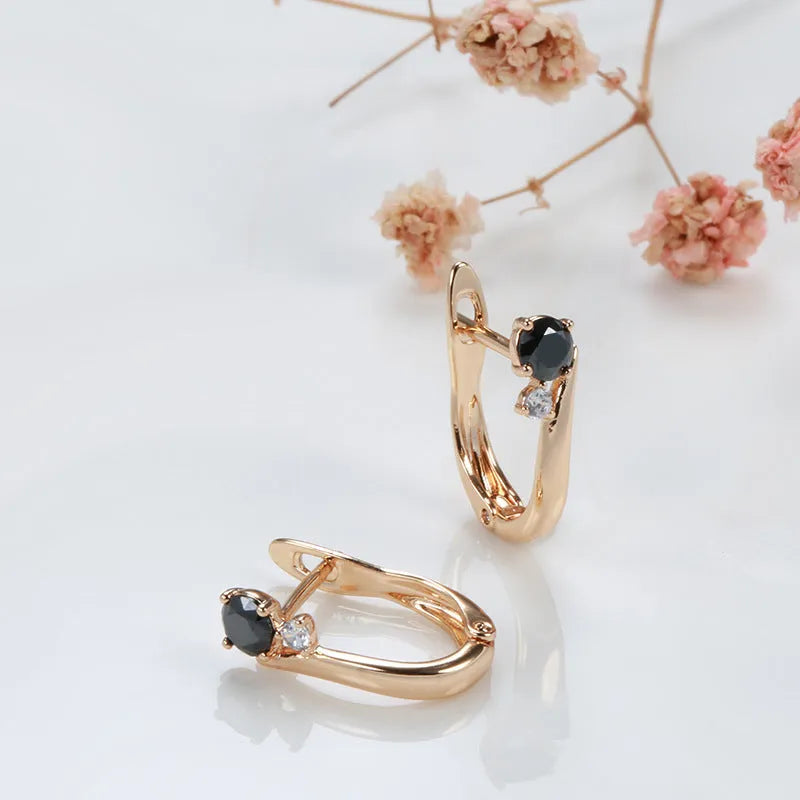 Black agate geometric drop earrings with gold-plated copper setting for women's retro jewellery