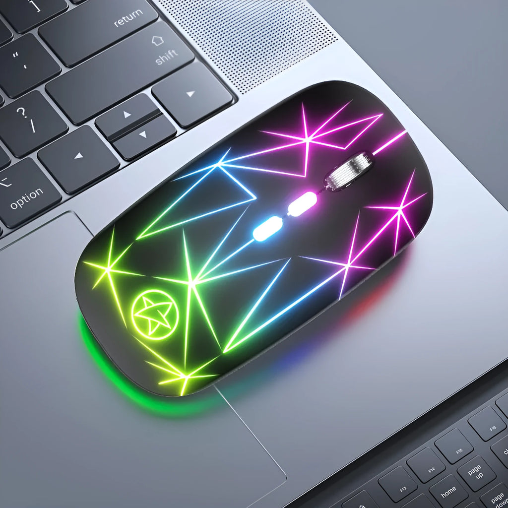 Dual-mode wireless Bluetooth mouse in star black colour with metal scrolling wheel and USB charging cable.
