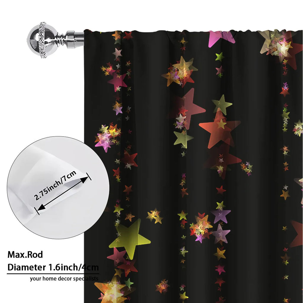 Pair of 3D digitally printed Christmas pattern blackout curtains hanging on a window.