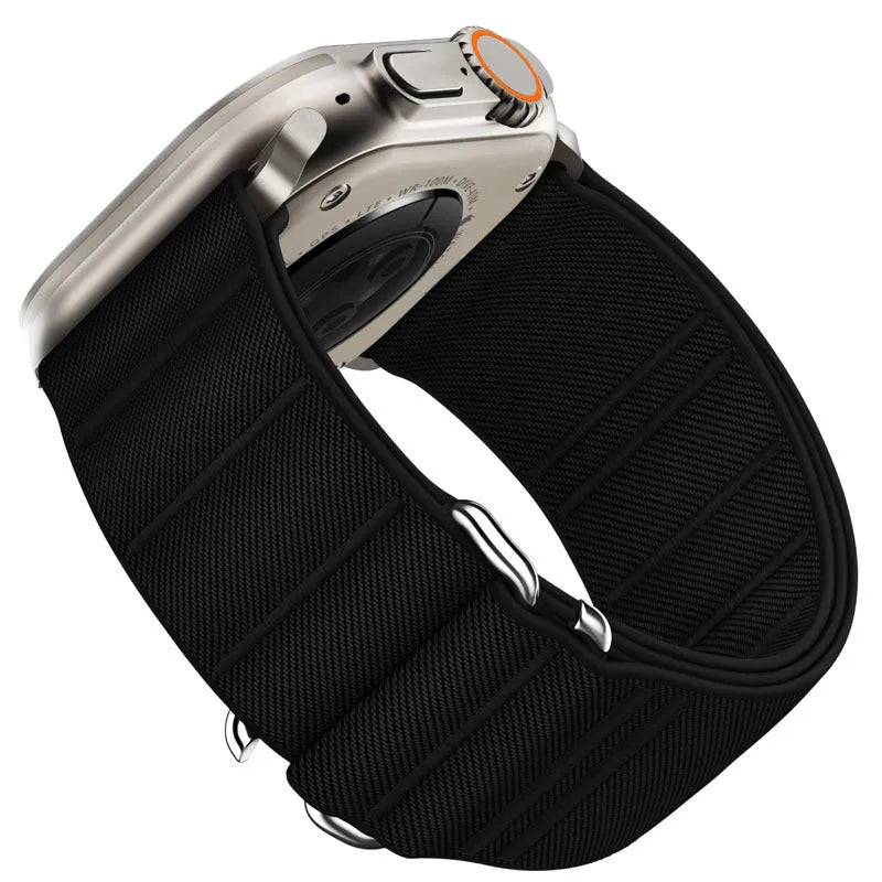 Elastic nylon Apple Watch compatible band with stainless steel buckle shown in multiple colour options