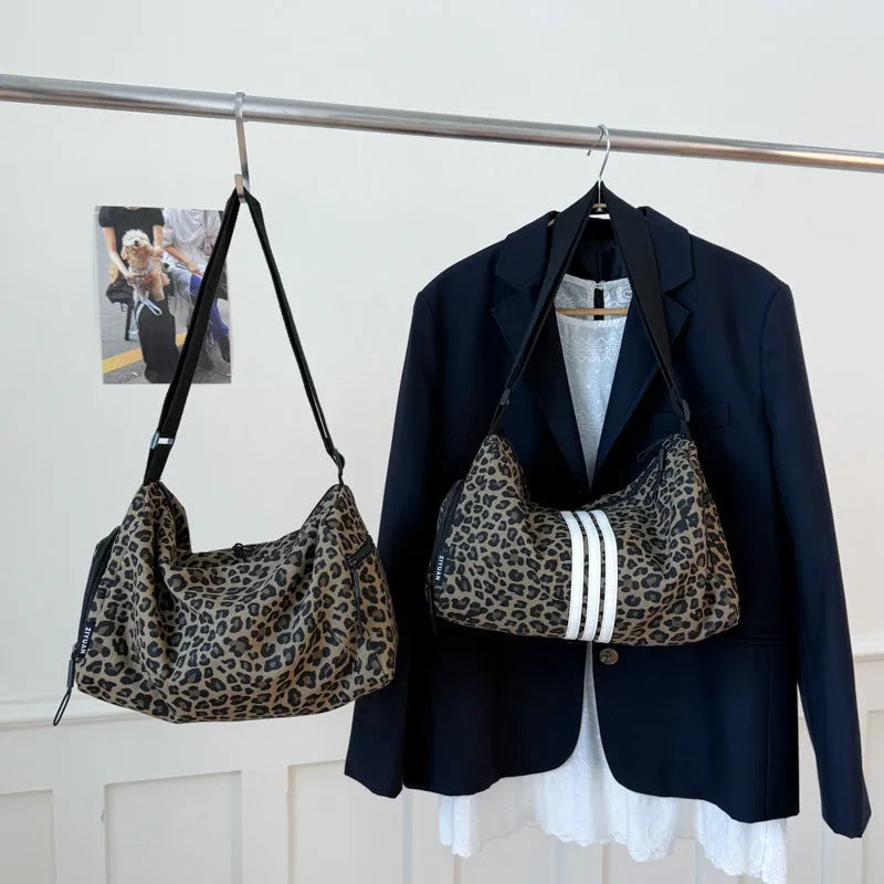 Leopard print sports style cross-body messenger bag with large capacity and durable stitching