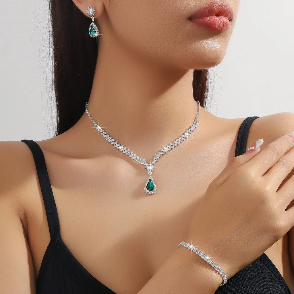 Claw chain necklace and earrings set with water drop rhinestone pendants in multiple colour options