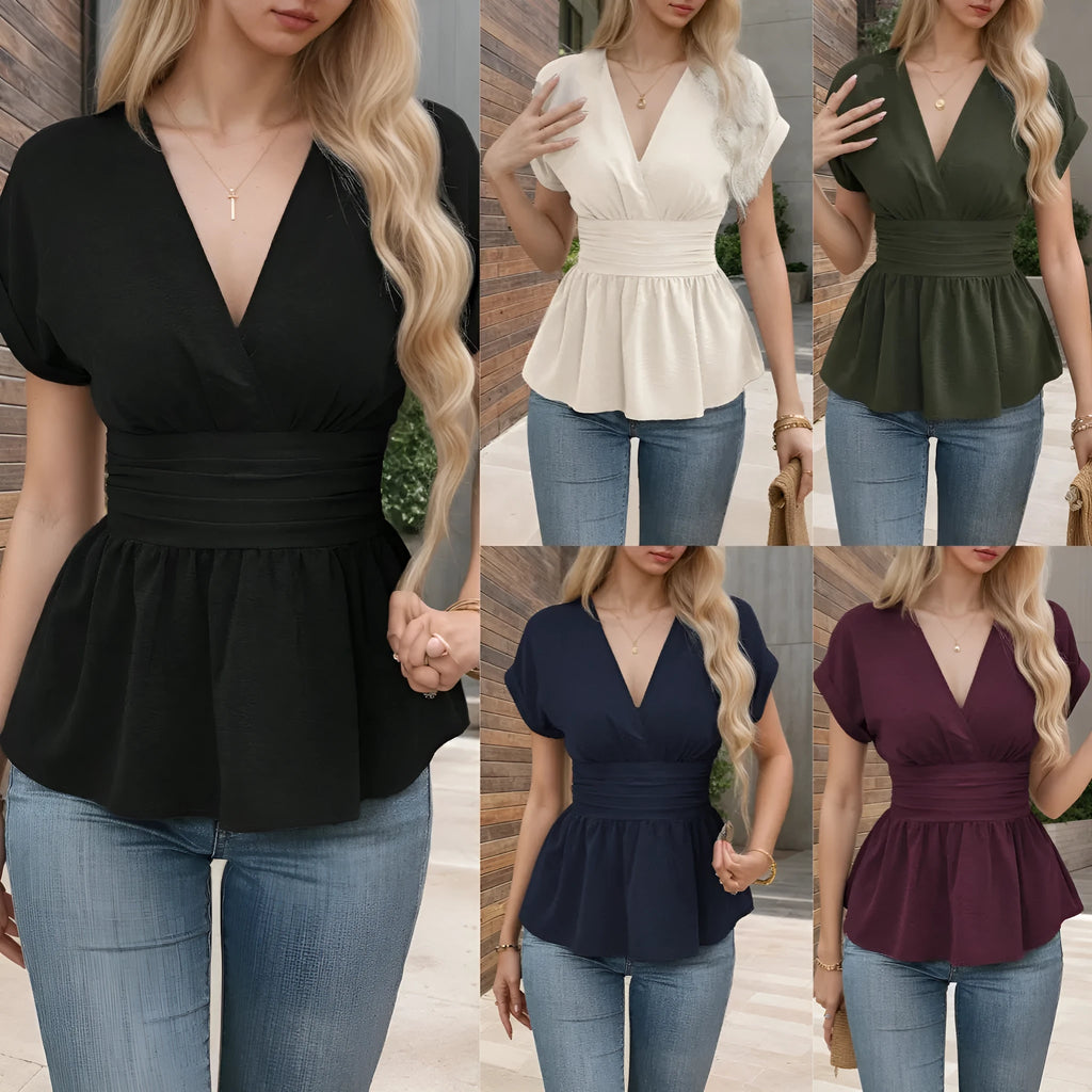 Women's black polyester V-neck top with pleated waist detail and short sleeves