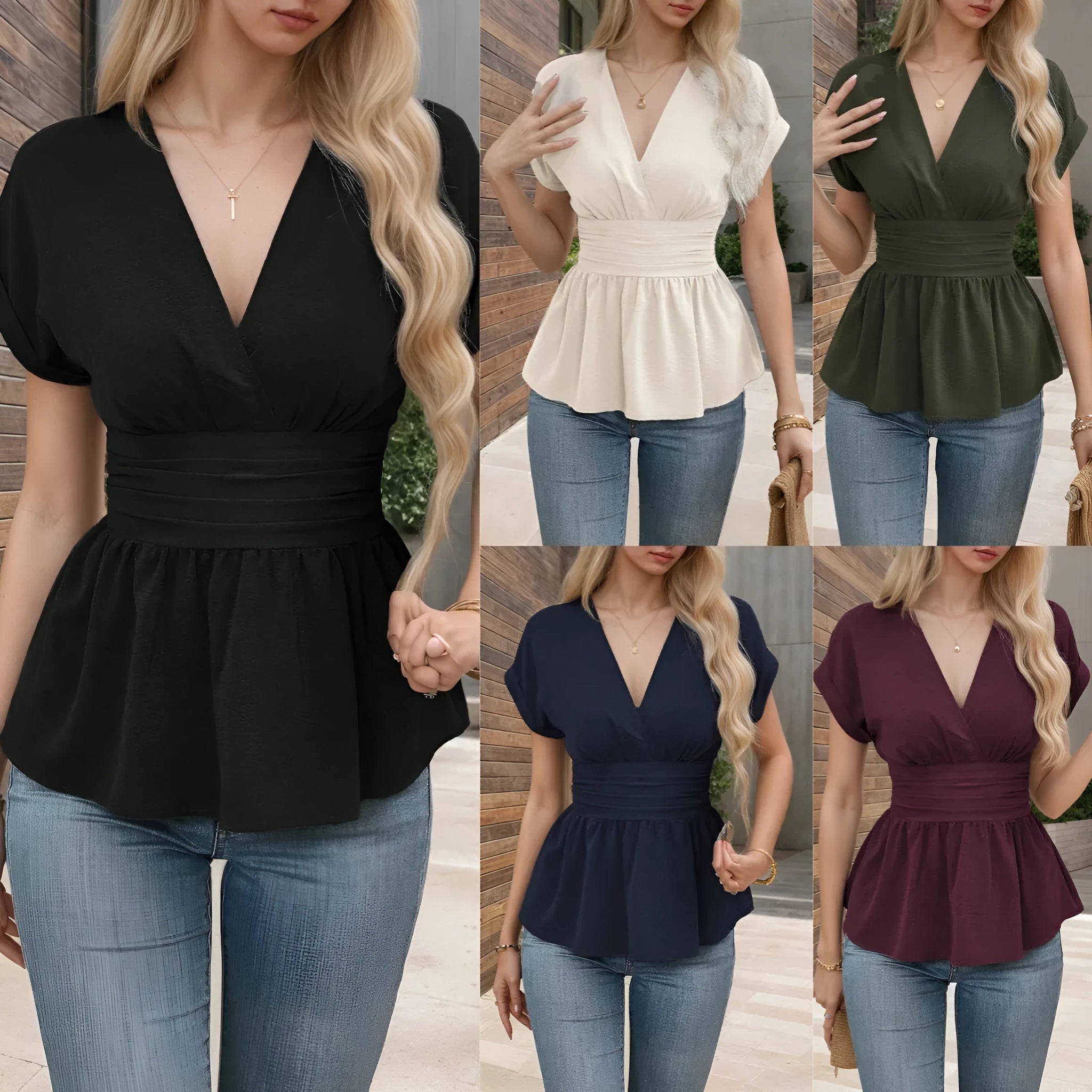 Women's black polyester V-neck top with pleated waist detail and short sleeves