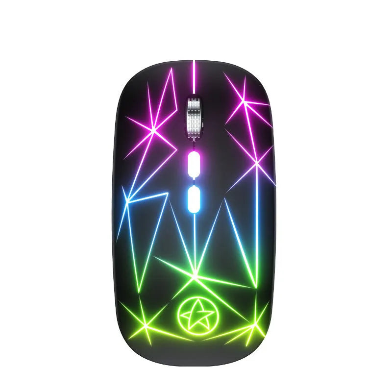 Dual-mode wireless Bluetooth mouse in star black colour with metal scrolling wheel and USB charging cable.
