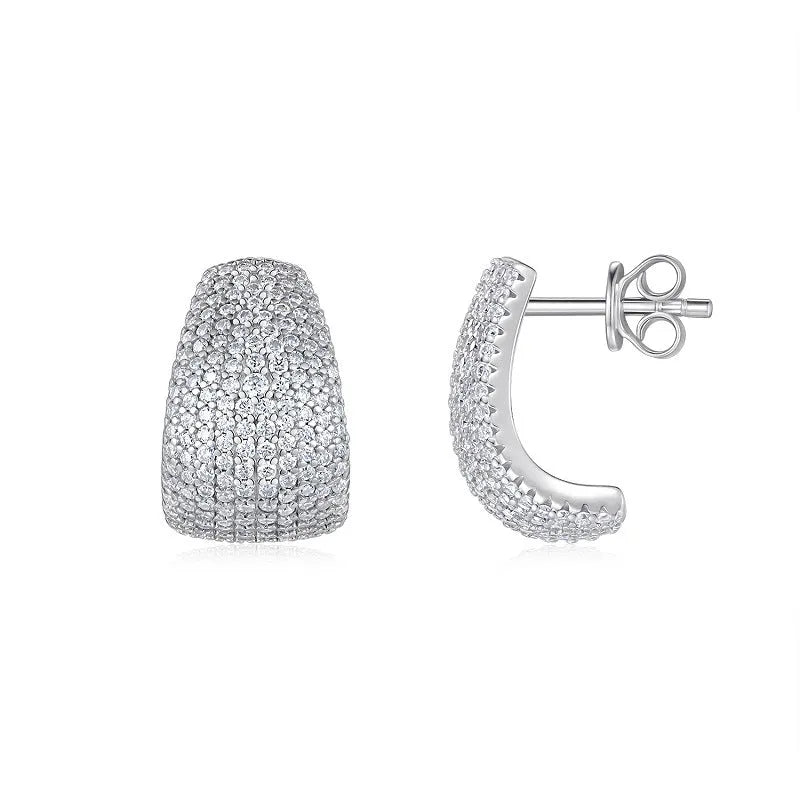 Geometric shaped sterling silver stud earrings with a white moissanite stone.