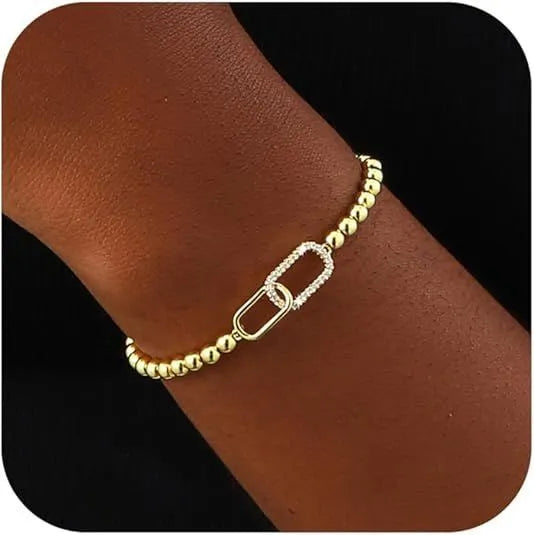 Stainless steel adjustable beaded bracelet with geometric round beads