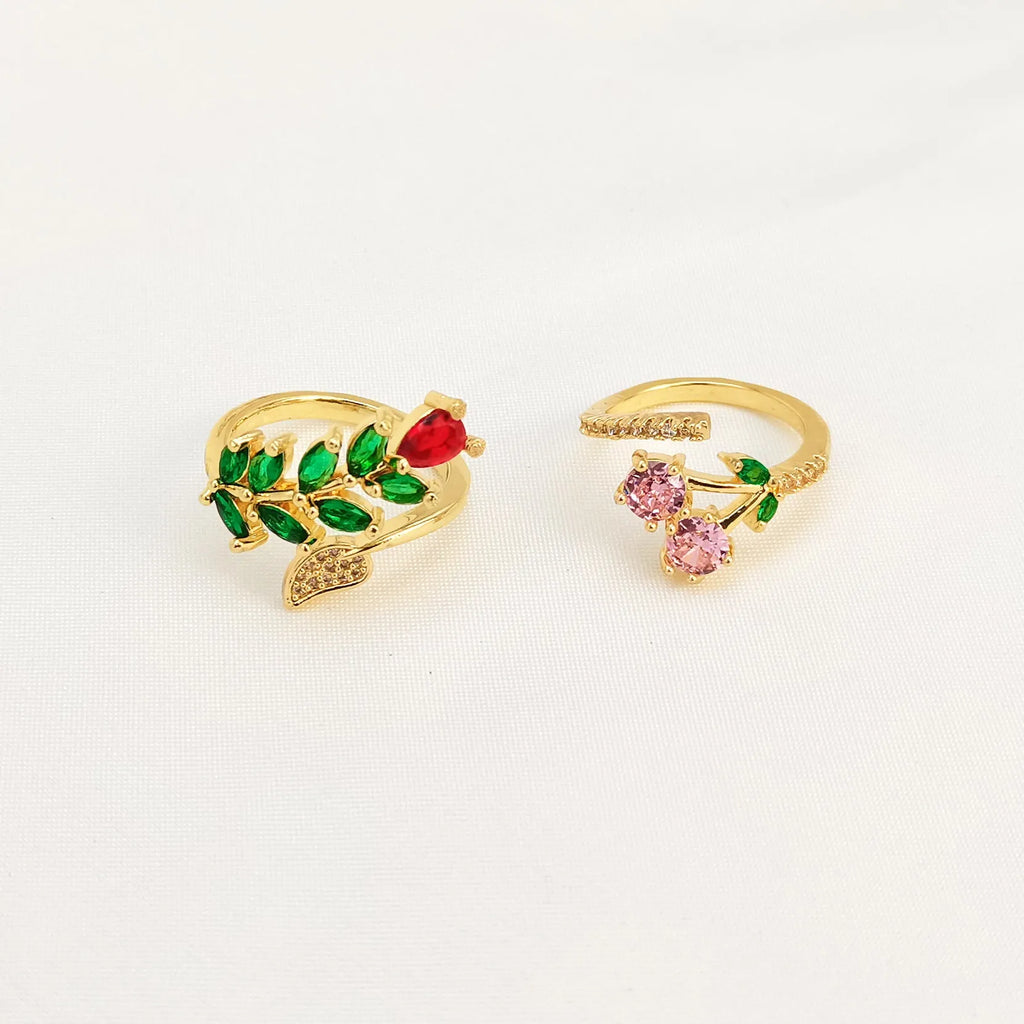 Women's copper geometric open ring with micro-inlaid leaf design or pink detail, gold plated finish