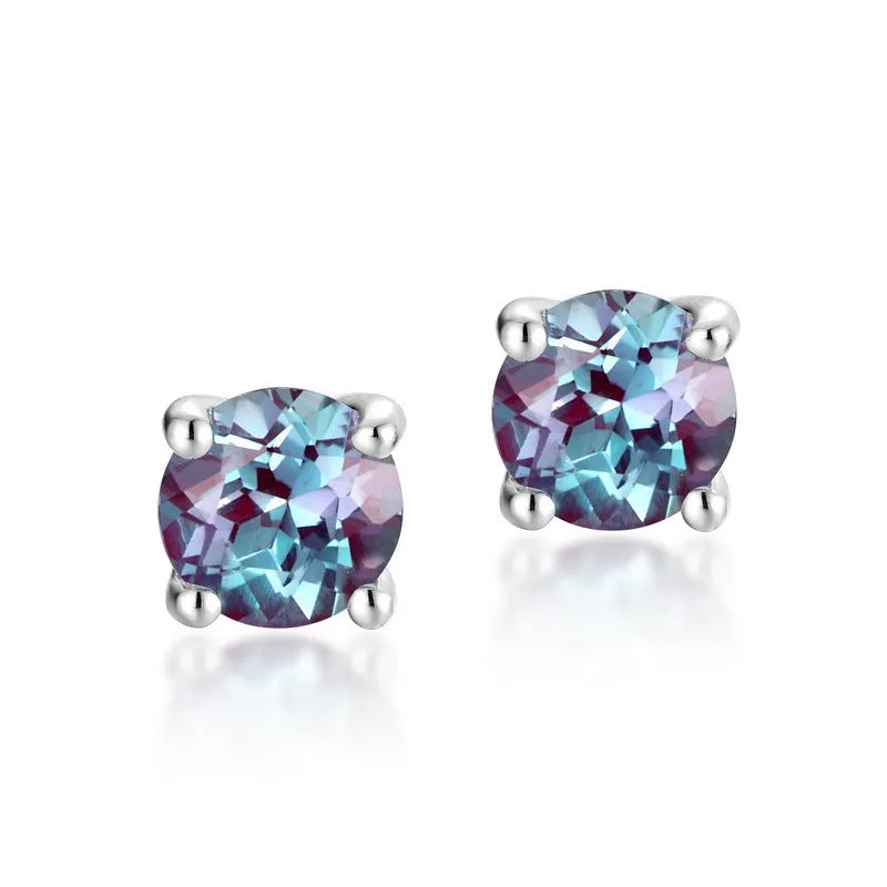 Silver ear studs with round cultivated Alexandrite stone in geometric setting